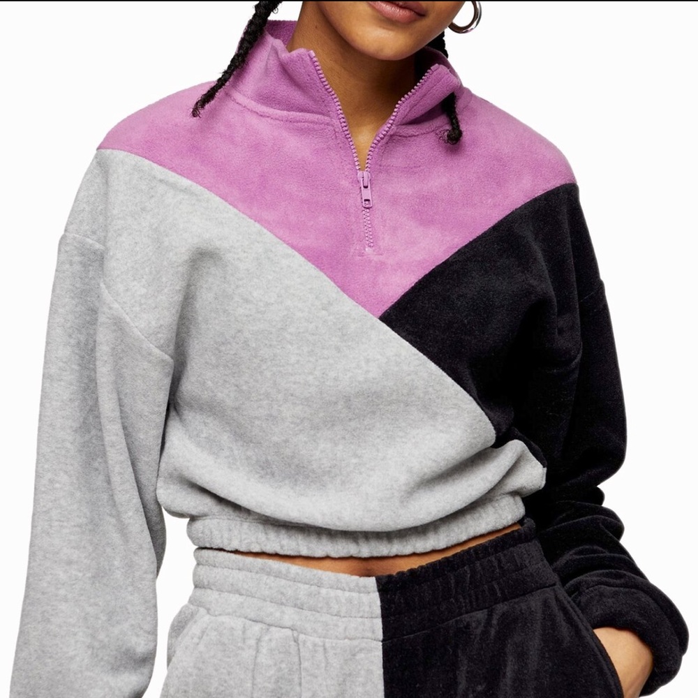 Topshop Color Block Fleece In Multi Cropped Quart… - image 2